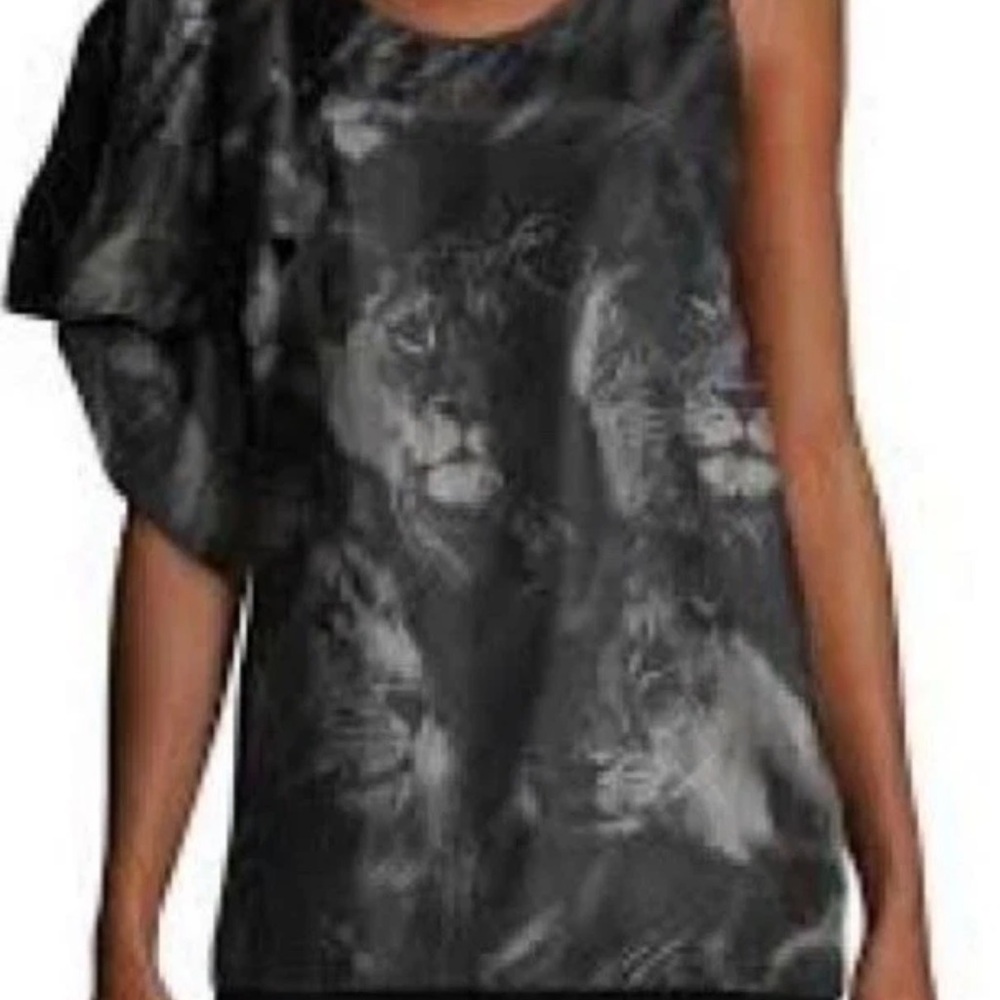 Roberto Cavalli silk black  and Gray Lion Print Bow Shoulder Top size 42